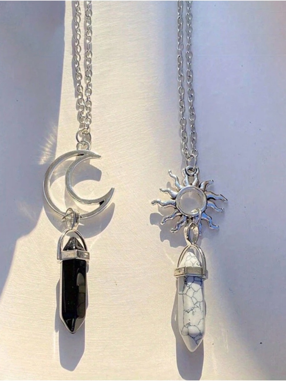 Silver Sun & Moon Pendant Necklaces with Black and White Crystals